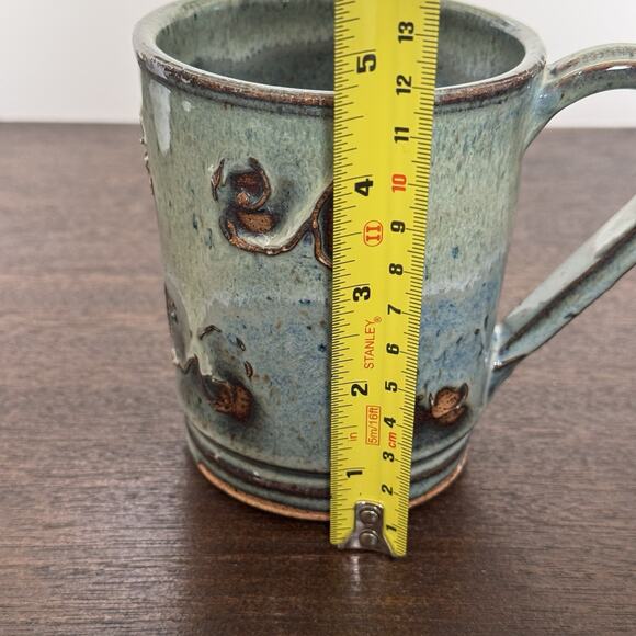 Studio Art Pottery Mug Green Brown Raised Abstract Swirl Striped Handle Signed - Picture 13 of 14